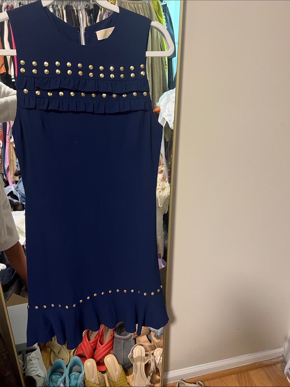Michael Kors Navy Sleeveless Ruffle Hem Dress with Gold Studs